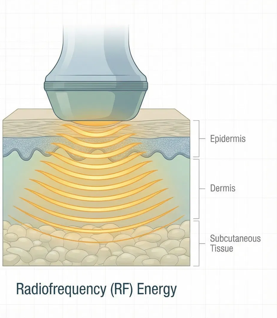 คลื่น RF กระจายลึกเข้าหนังแท้และอุ่นคอลลาเจน พลังงานผ่านชั้นผิวลงไปกระจายทั่วหนังแท้